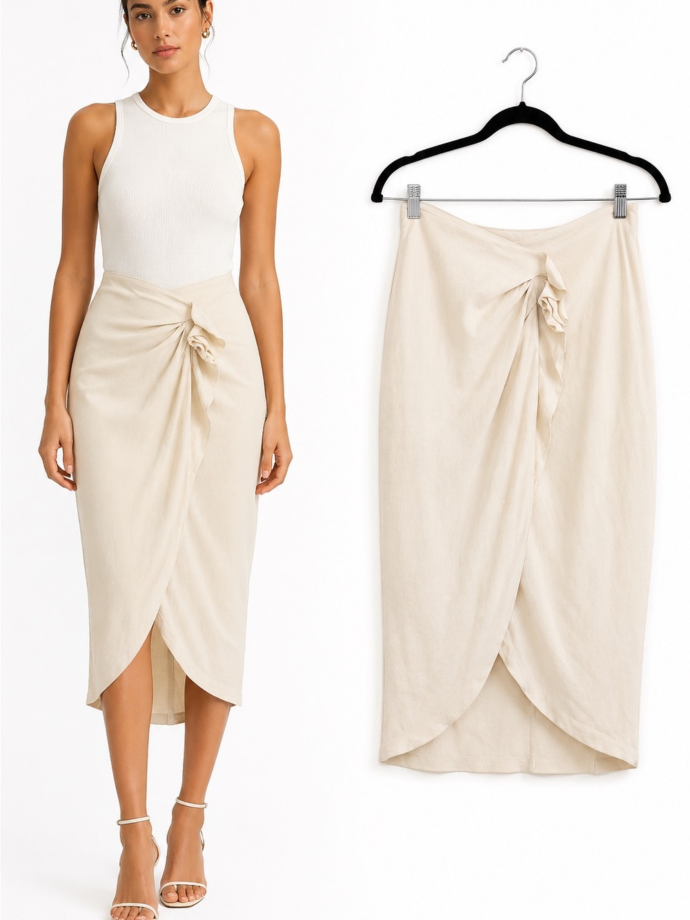 IRO Paris Ivory Beige Draped Twist Front Midi Skirt Wrap Ruched Asymmetrical 40